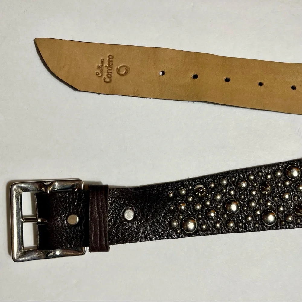 Calleen Cordero Leather Belt Silver Studded Wide Brass Buckle Y2K 32 Designer